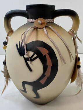 Native Spirit Handcrafted Double-Handled Vase With Kokopelli Design & Feather Ad